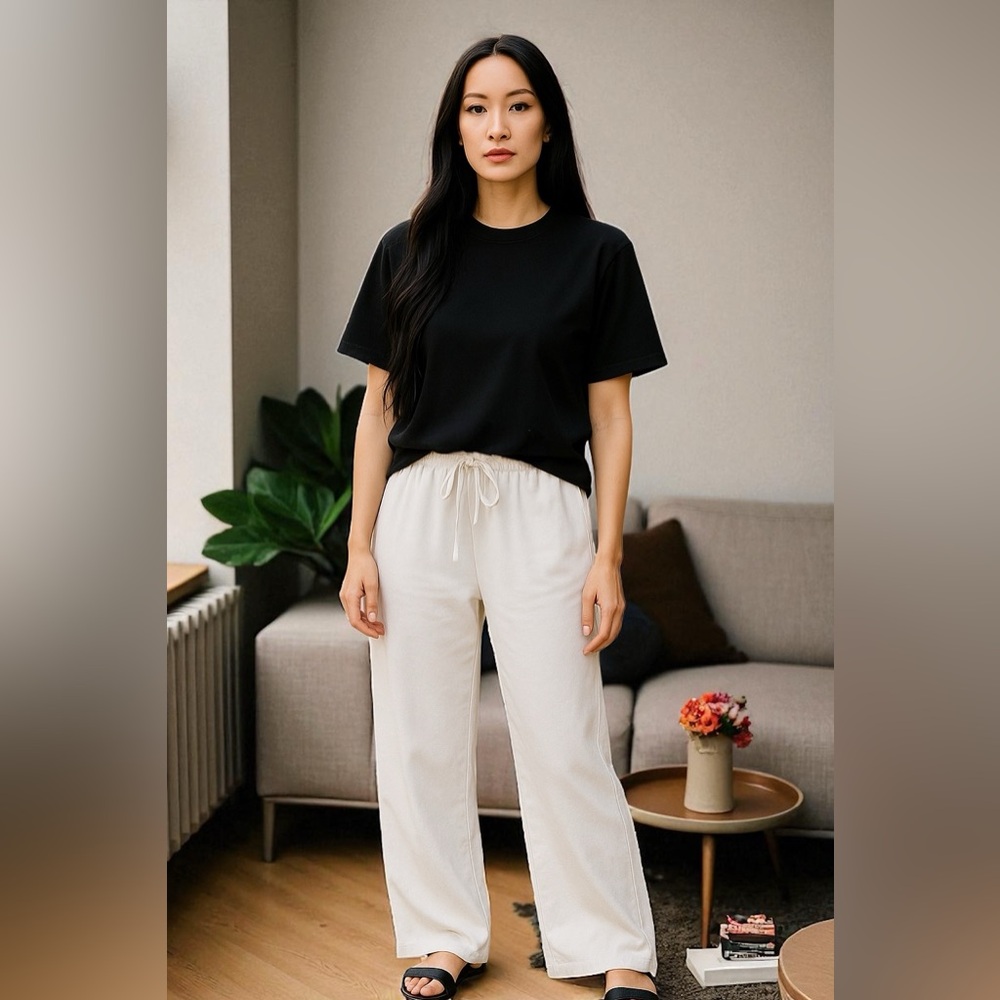 Shein White Elastic Waist Wide Leg‎ Drawstring Soft Pants Women Size XS/2